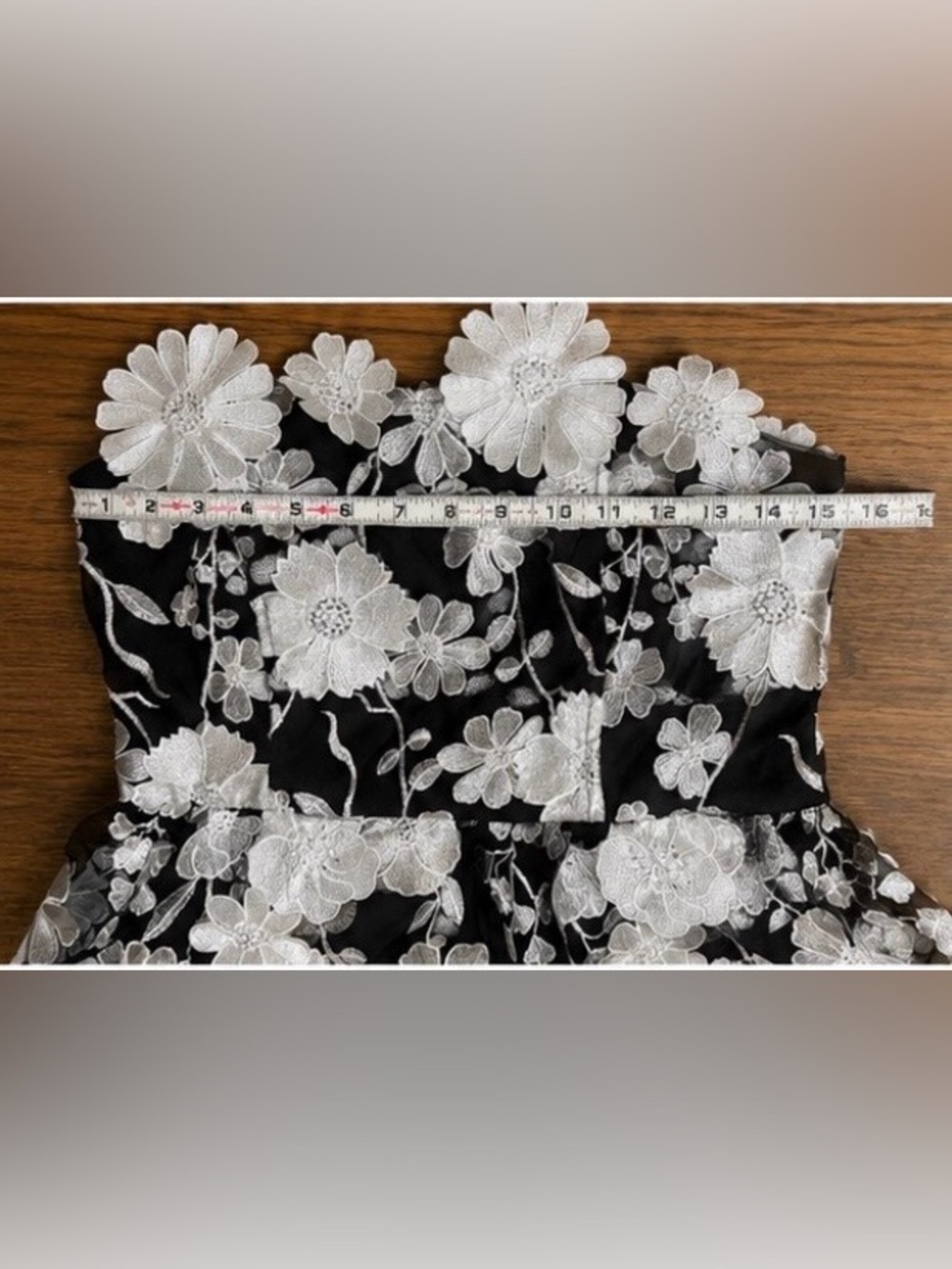 Holiday Party Mew & Mews Black White Floral Appliqué Strapless Tiered Midi Dress - Picture 8 of 10